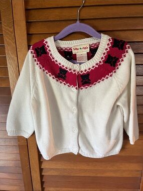 Toffee Apple Kids Size 3T Cardigan with Red Yoke and Black Kitty Motif New